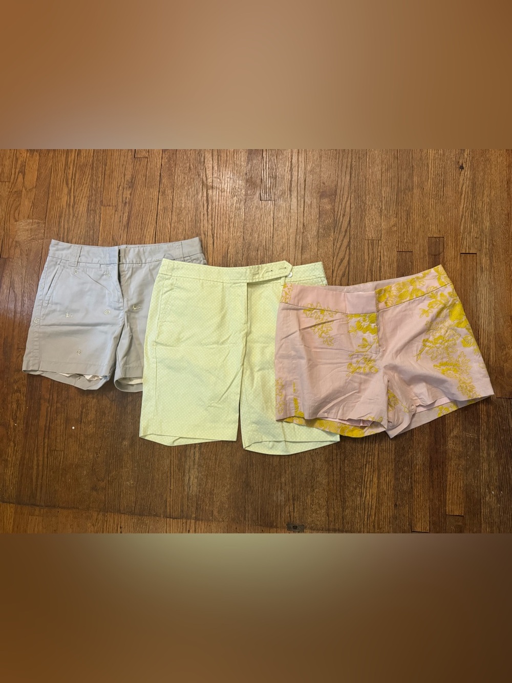 J. Crew Pastel Shorts Trio in Pink, Khaki, and Pale Green Polka Dot